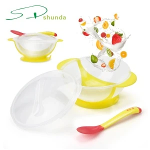 2020 Hot Sale Eco-friendly Non Spill Food Grade Training Suction PP Baby Feeding Bowl Temperature Sensing Spoon