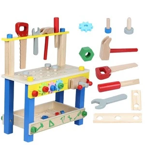 2020 new trending wooden assembling wooden tool box toy workbench Wholesale role play tool shelf and table toys