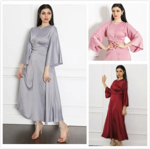 2021 elegant african clothing islamic long sleeve crystal stone lace-up satin maxi dress wiith blet