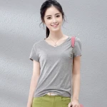 2021 woman summer cotton t-shirt deep v neck plain short sleeve  summer cotton t-shirt