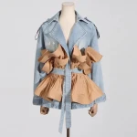 2024 new personality trend design women coat lapel color ruffled pleated lace-up denim coat