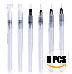 6 Pcs Nylon Hair Water Brush Pen  Flat/Round Tips Water Color Art Paint Brush