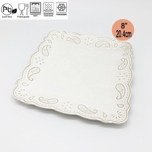 8 Inch European Style Ceramic White Square Charger Plates Porcelain Dinnerware Plate Dishes With Relief Design