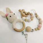 Adorable beechwood crochet baby wooden rattle bunny teether with bracelet clip set