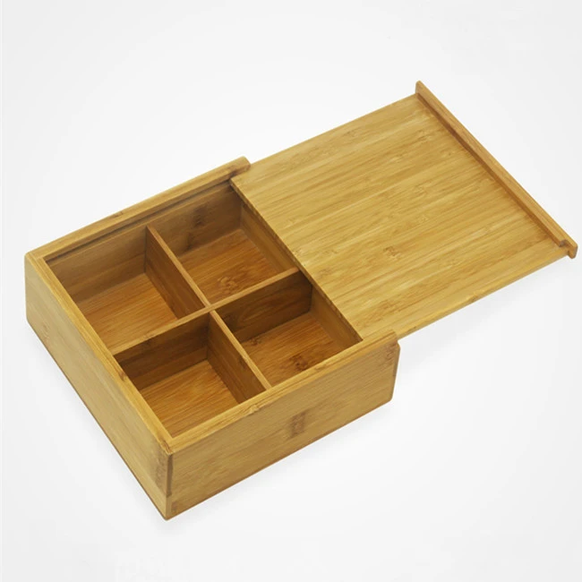 Bamboo Storage Box 4-Compartment Organizer with Sliding Lid
