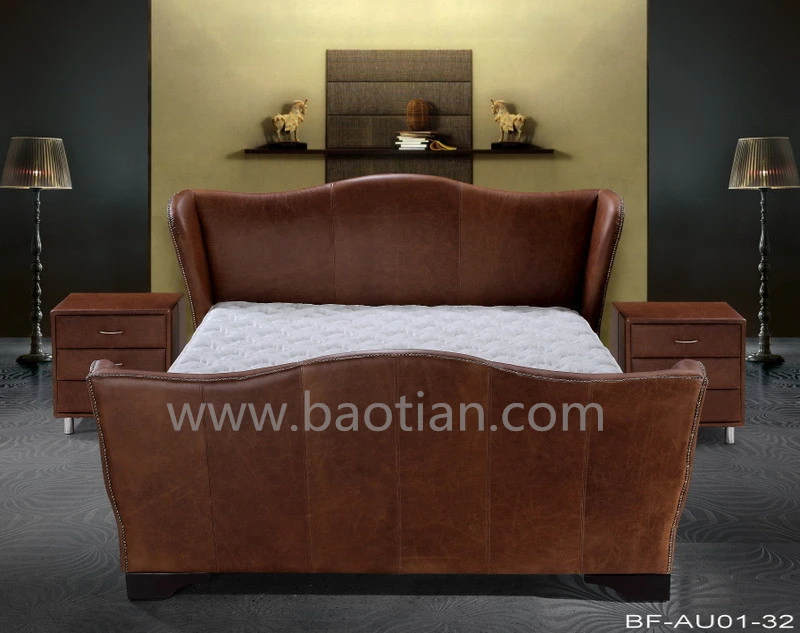Bedroom furniture  brown leather Vintage style bed sets with bed stand