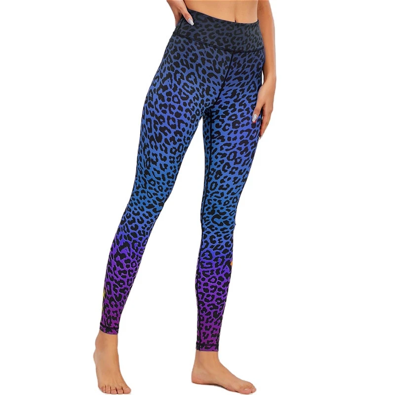 Blue leopard animal printing sportswear high wasited workout yoga pants full length wholesale women tights leggings custom