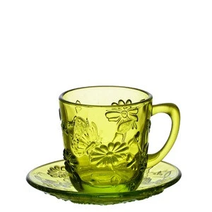 China Custom Three Size Glass Tea Cup Embossed Cheap Glass Cup Coffee Cup With Saucer