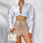 Cityone Women sexy styles solid color pleated long sleeve button short Lapel women crop shirt top