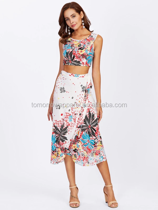 Crop Tank Top &amp; Overlap Skirt Set Manufacture Wholesale Fashion Women Apparel (TA4082SS)