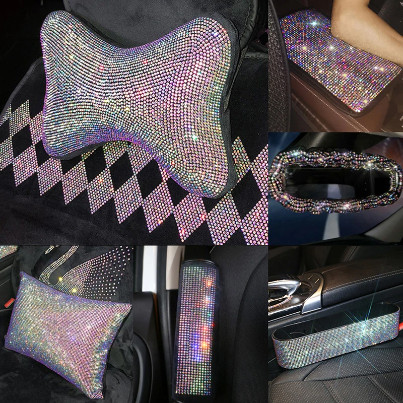 Crystal Car Seat Belt Cover Pad Neck Pillow Diamond Steering Wheel Cover Bling Auto Interior Accessories