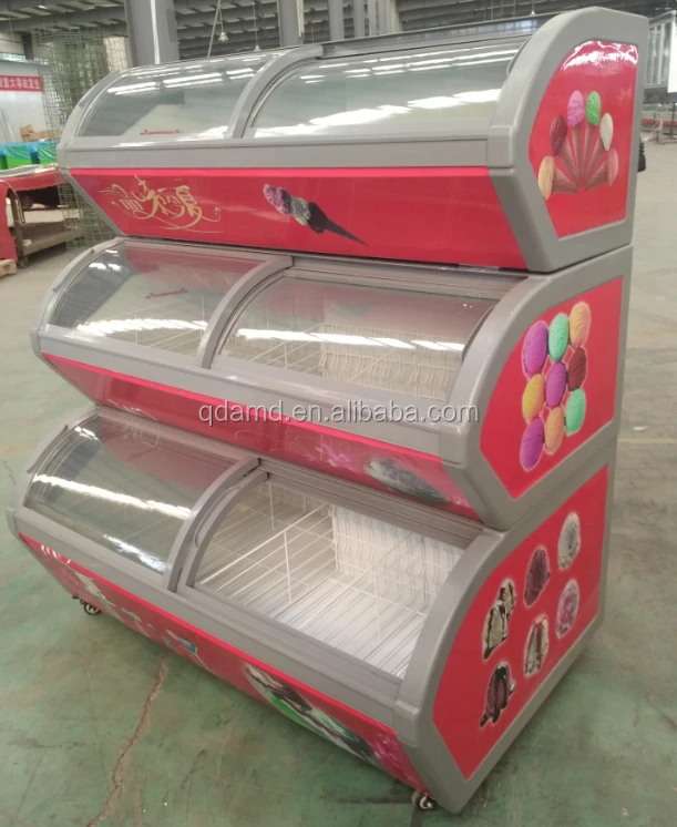 Curved glass 3 layer ice cream showcase freezer supermarket refrigeration equipment for icecream display