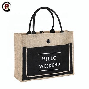 Custom biodegradable black jute fabric shopping bag with cotton pocket and  button picture of jute bag