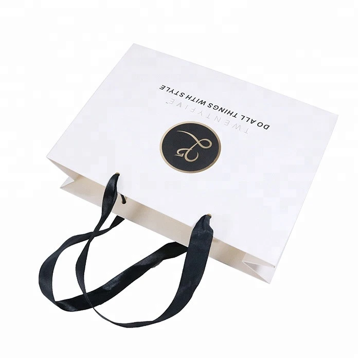 Custom clothing store use hot stamping gold logo gift shopping paper bag with ribbon handle