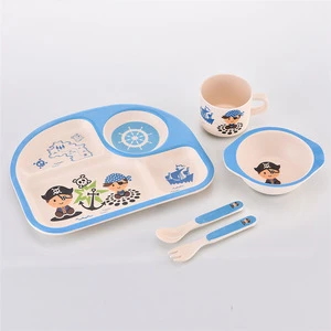 Custom Printed Eco-Friendly High Quality 5 pcs Bamboo Fiber Kids Dinnerware set with Cup Spoon Biodegradable Baby Tableware
