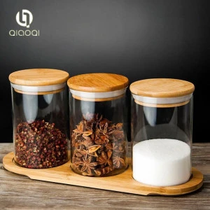 Customize Borosilicate glass spice jar with bamboo lid set