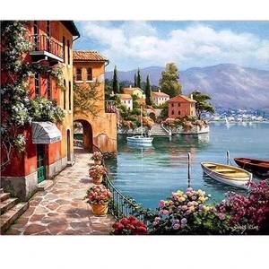 DIY oil painting paint by number kit - beautiful harbor village drawing 16x20 inch