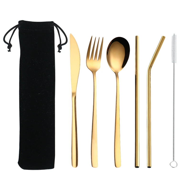 eco friendly new portable 304 stainless steel cutlery set camping outdoor fork knife and spoon set and straw with bag