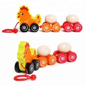 Education cartoon toys wooden animals drag car for toddler