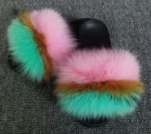 Factory wholesale custom fluffy and soft indoor real fox fur eva slippers for women