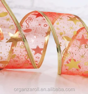 Glitter Printed Gift Wrap Decorative Wired Christmas Organza Ribbon