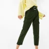 Green Twill Cargo Pants Womens Cropped Trousers with Belt and Buckle