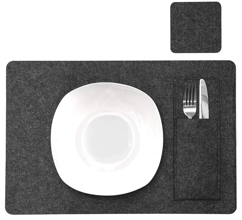 Grey Felt Placemat with Glass Coasters and Cutlery Bags