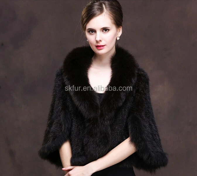 High quality knitted real mink fur shawl with fox fur trim for women