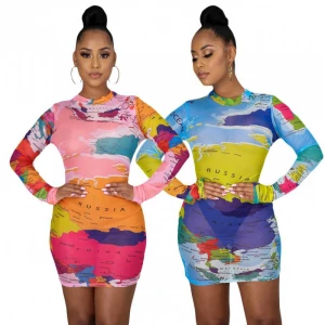 Hot selling 2021 New arrrivals women clothing map printing sexy women dress casual dresses with high quality