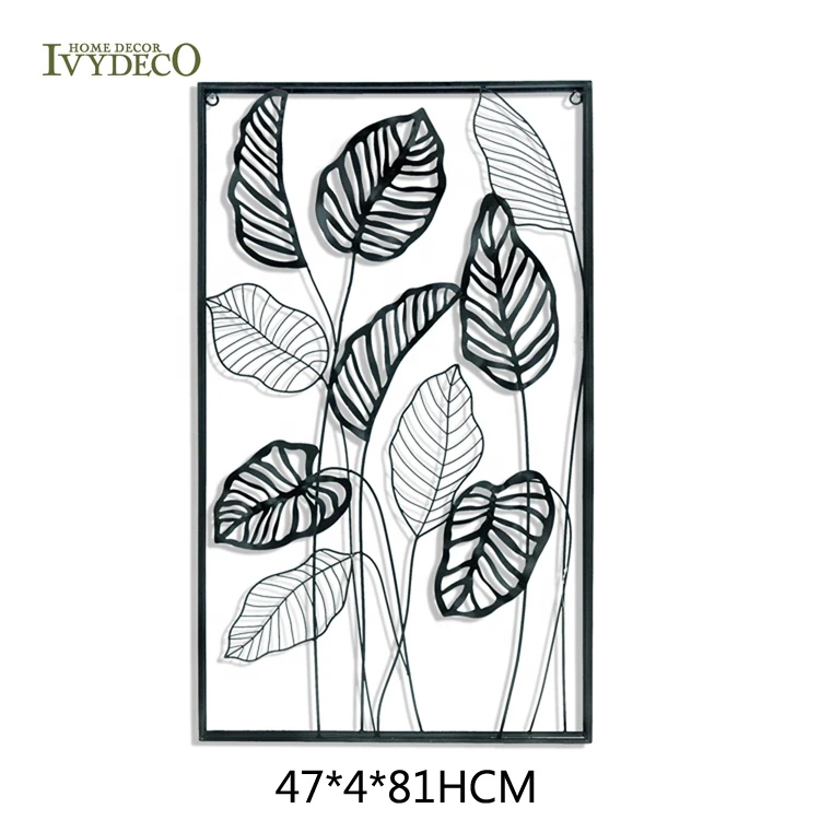IVY Large Rectangle Contemporary Black Metal Leaf Indoor Outdoor Hanging Wall Art Decor