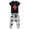 korean boys clothing short-sleeved t-shirt with cross-printed haalun trousers Autumn sets