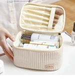 Leather Quilted Makeup Organizer Bag Large Capacity Cosmetic Bags Cases Handle Makeup Bag