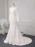 Long sleeves fitted crepe design plain small outdoor bridal gown latest 2021 satin mermaid satin fabric wedding dress