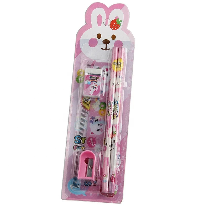 lovely Cheap Cartoon Pencil Ruler Earser Sharpener 5 In 1 Stationery Set For Boy Girls Kids Gift School Prizes