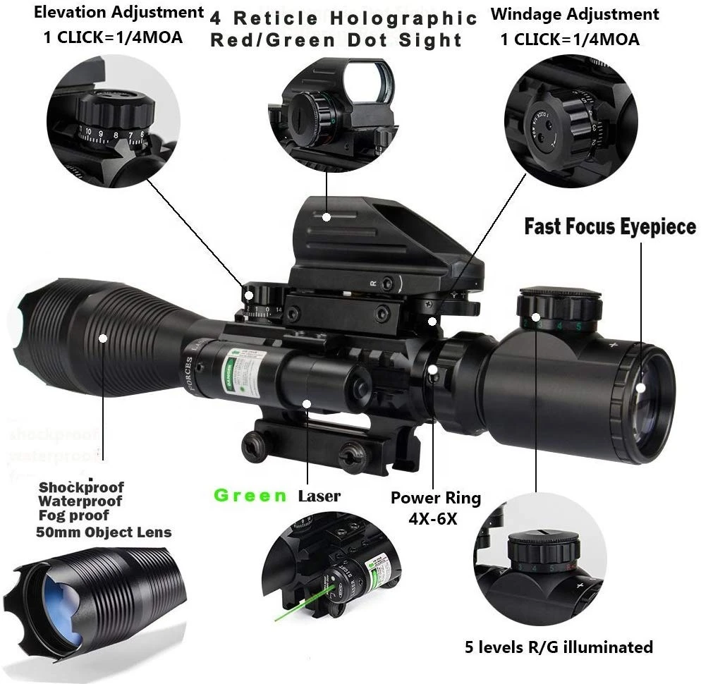LUGER Rifle Scope Combo 4-16x50EG Dual Illuminated + Laser sight 4 Holographic Reticle Red/Green Dot with Weaver/Rail Mount