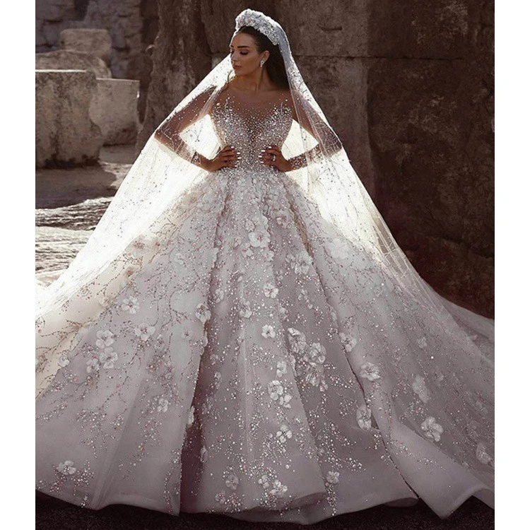 LUWEIYA Cheaper Plus Size Bride Gowns Luxury Beaded Flowers Long Sleeves Sexy Dress Bridal Gown Wedding Dress Muslim