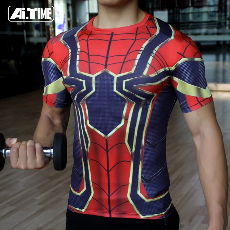 Mens sports fitness clothing Black-Panther Captain-America Spider-Man short-sleeved T-shirt gym tights cycling clothing