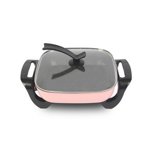 Non stick coating pink 1500w square plate bbq hot pot electric skillet with glass cover lid