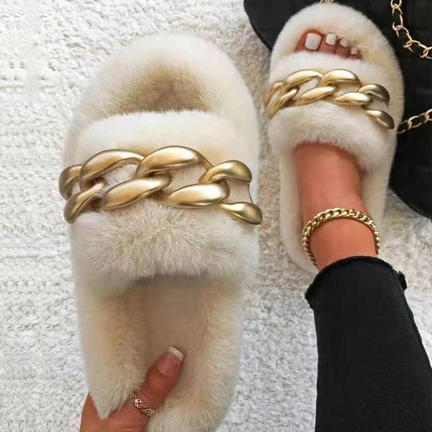 Open Toe Flat Fluffy Fur Slip On Slides Slippers Fashion Shiny Sequins Chain Ornament Fuzzy Fur Slippers for Women