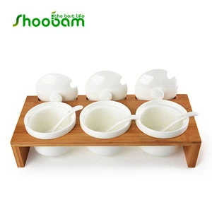 Premium Unique Bamboo Kitchen Spice Rack Set With Ceramics Jars