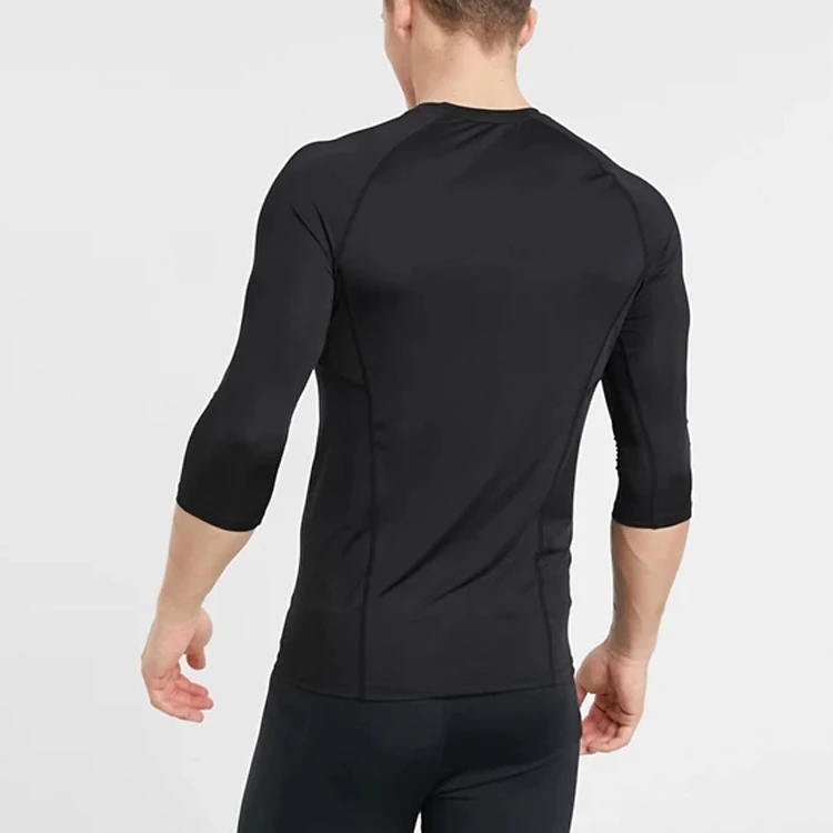 Quick Dry Crewneck Custom Mens Compression Shirt  muscle training 3/4 sleeve Sports t-shirt in black