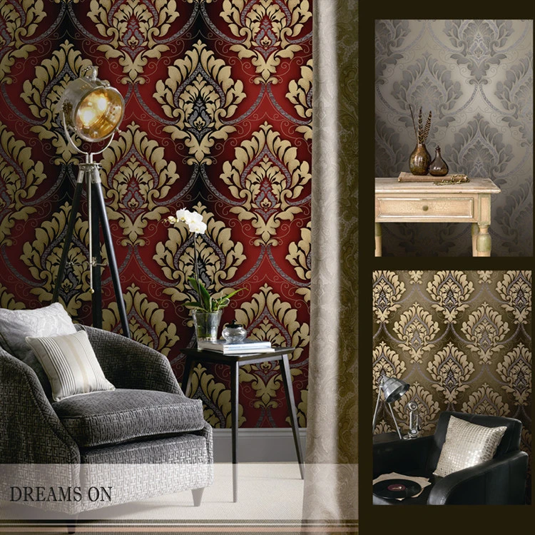 Red Classic Damask Design PVC Wallpapers Room Wallpaper