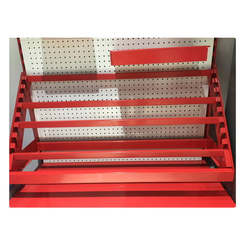 Retail custom logo metal tool pegboard display rack iron round hole floor standing accessory display stand with bottom base