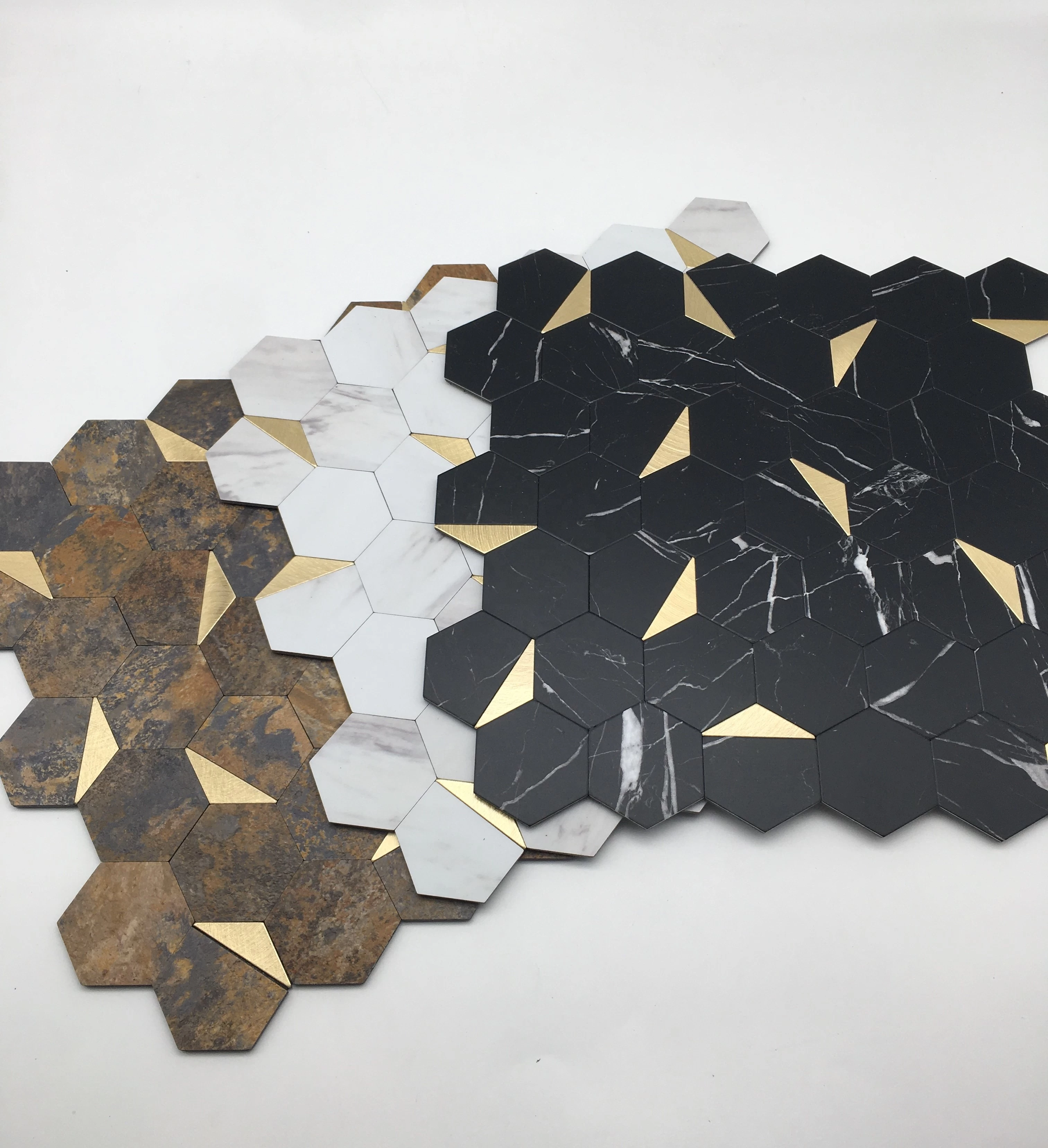 Self adhesive PVC hexagon mosaic wall tile magic gel vinyl black Nero Marquina and gold mosaic wall stickers
