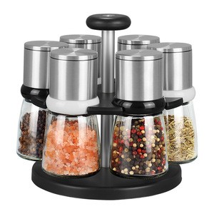 Stainless Steel Ceramic Core Grinder 6 in 1 Salt and Pepper Mill Set with Spice Rack