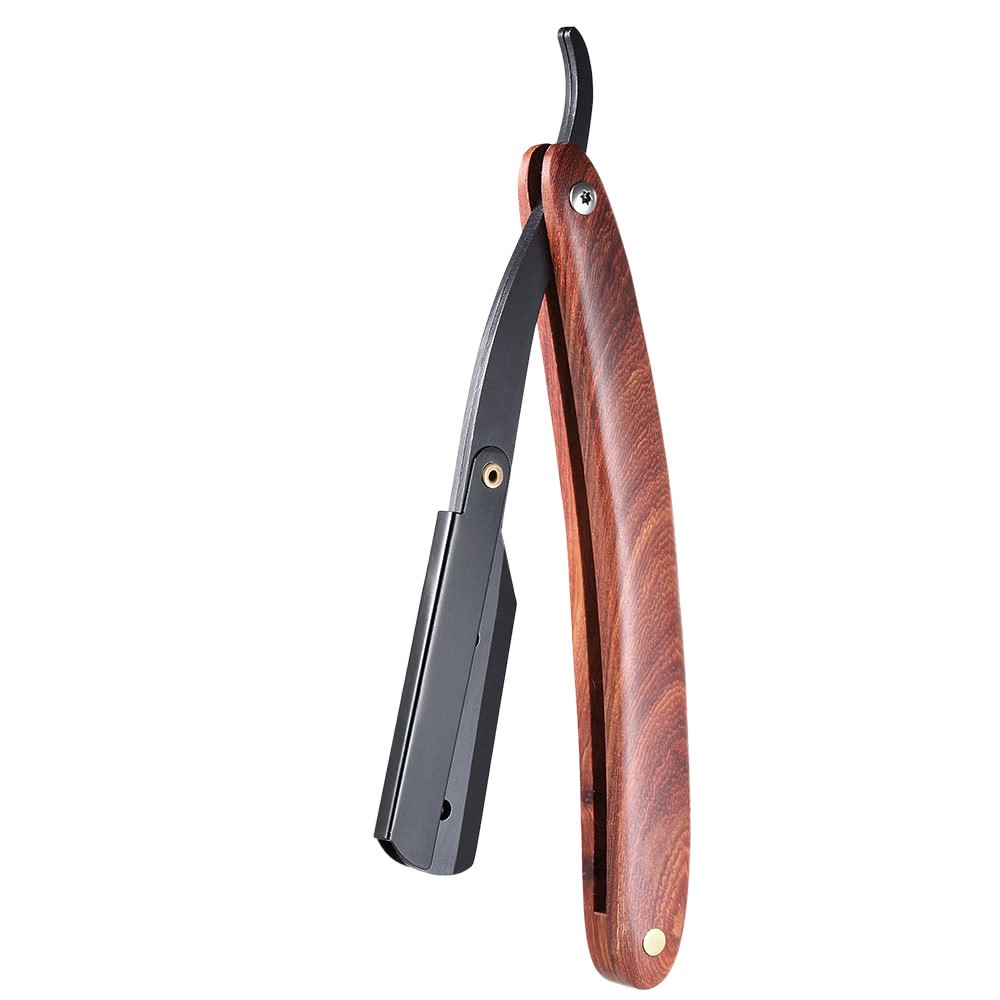 Straight Cut Throat Edge Shaving Razor Black Matte Stainless Steel Folding Wooden Handle With 10 Blades