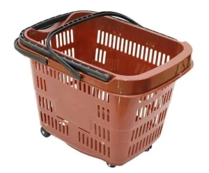 Supermarket plastic rolling shopping trolley basket with handle with 2 wheels wholesale
