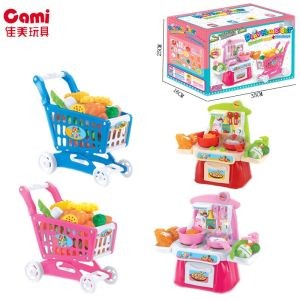 Supermarket  shopping vegetable toys for  interactive funny cooking toys kids kitchen  with shopping cart with light,music