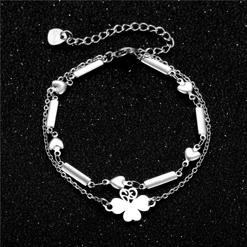 Trendy Stainless Steel  Bracelet Four leaf clover Bracelet multilayer Link Chain Bracelet Anklet