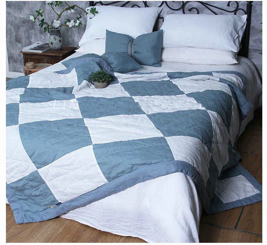 Two tone Embroidery 100%  Linen Quilting Bedspread Quilt